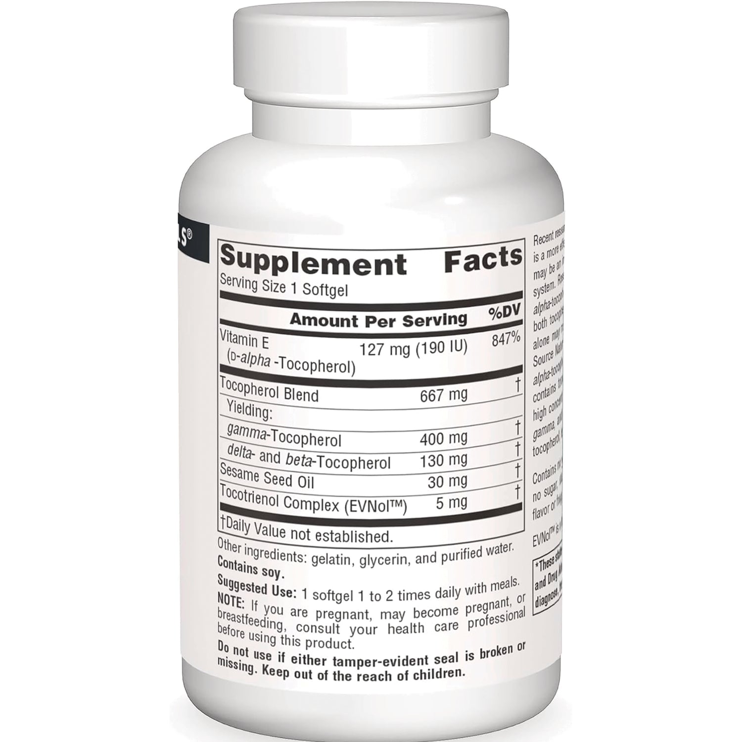 SN292 | Supplement bottle back label showing Supplement Facts panel and ingredients