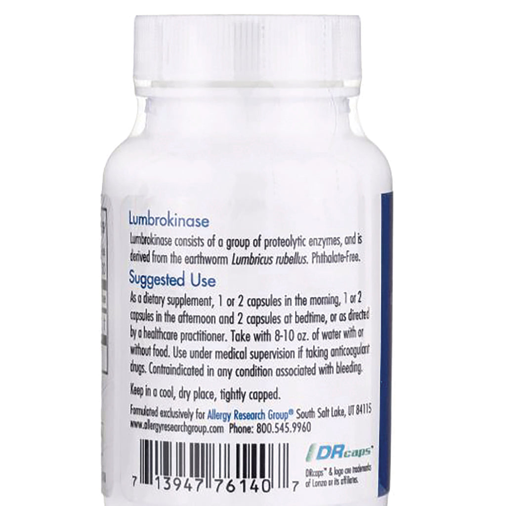 ARG014 | Back label of white supplement bottle showing suggested use directions, Lumbrokinase text and barcode - Thumbnail