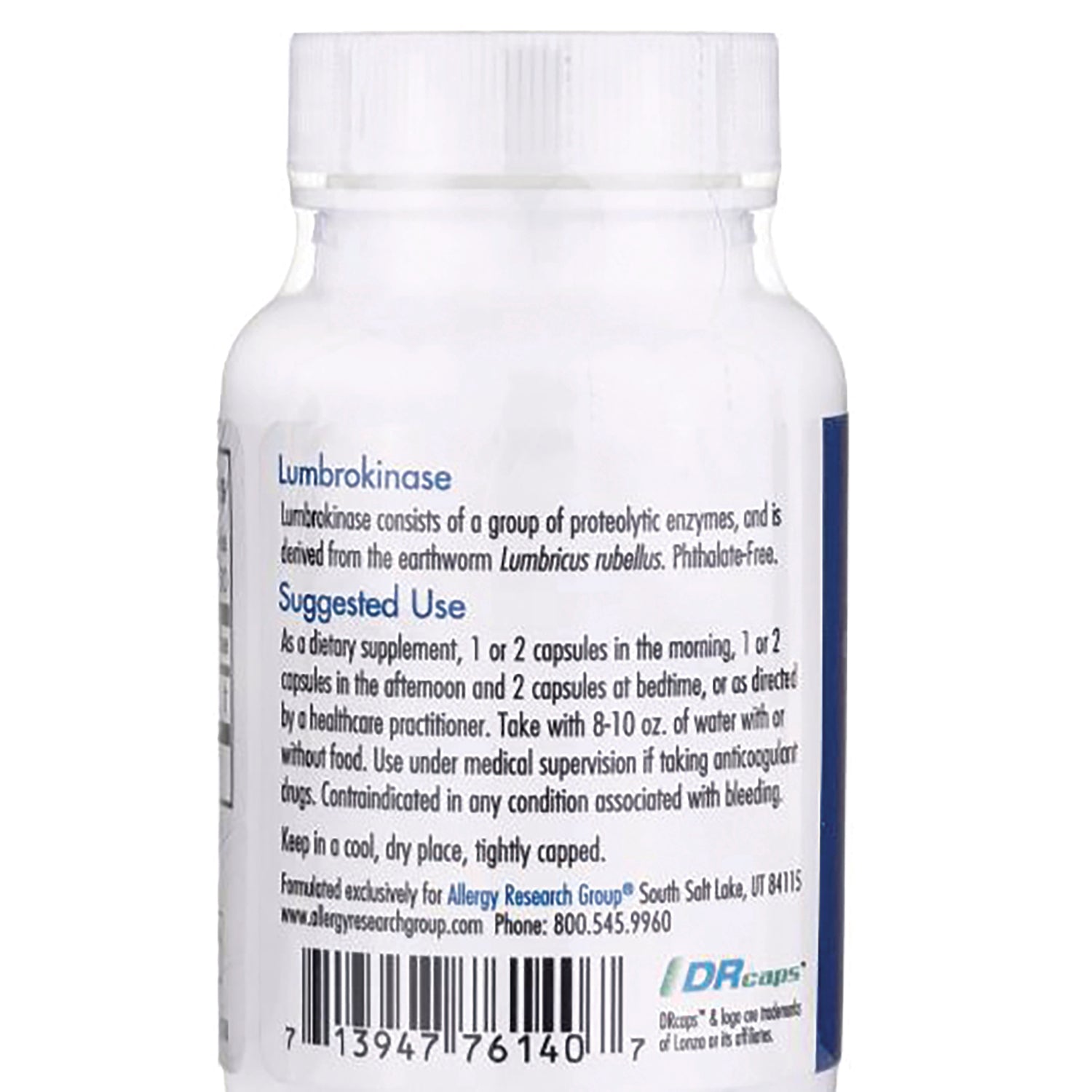 ARG014 | Back label of white supplement bottle showing suggested use directions, Lumbrokinase text and barcode