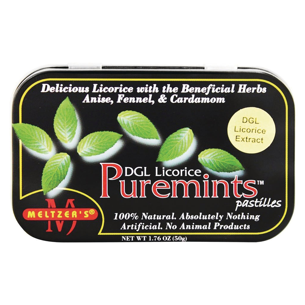 MLZ001 | Black tin of DGL Licorice Puremints pastilles with green mint leaves and Meltzer's logo - Thumbnail