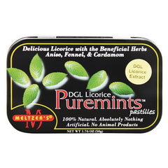 MLZ001 | Black tin of DGL Licorice Puremints pastilles with green mint leaves and Meltzer's logo