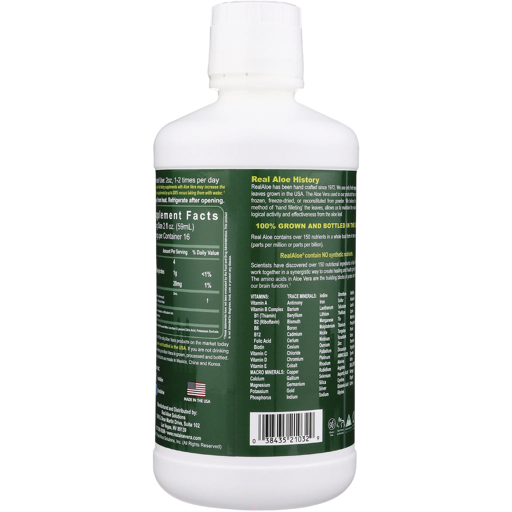 Back label of white aloe bottle showing supplement facts, ingredients, nutrition panel and barcode - Thumbnail