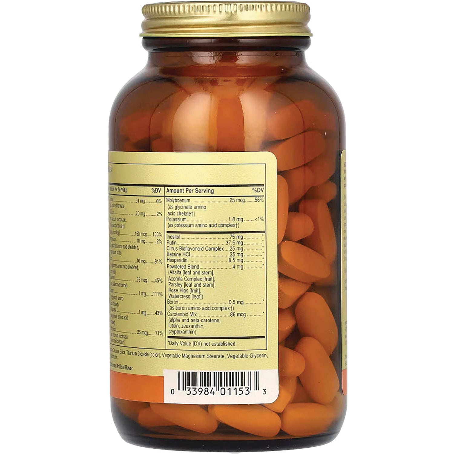 SLG286 | Back of amber supplement bottle showing supplement facts label, barcode, and orange softgel tablets