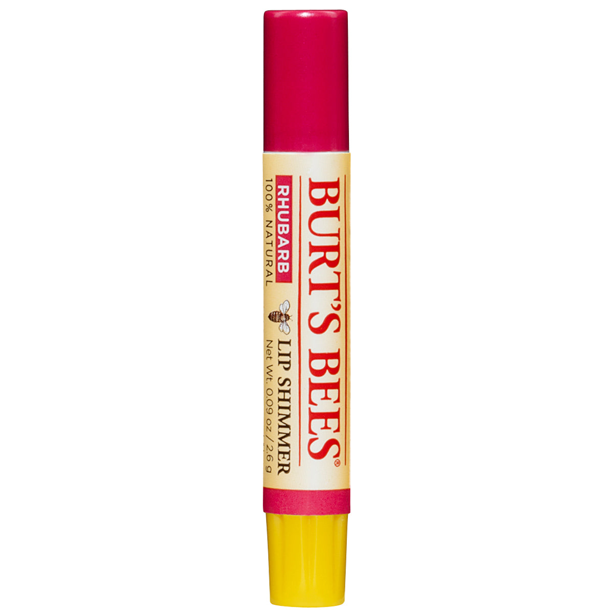 BTB055 | Burt's Bees Rhubarb lip shimmer twist-up tube with pink cap on white background