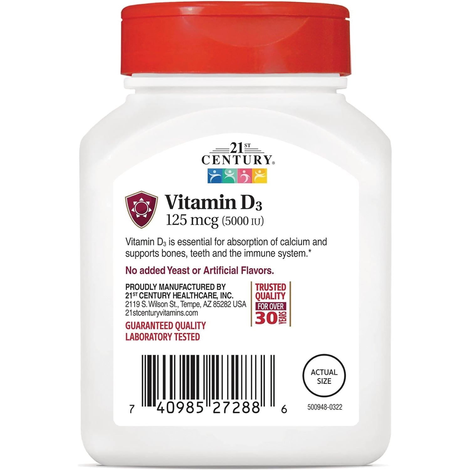 CNT203 | 21st Century Vitamin D3 125 mcg (5000 IU) product infographic label with usage text and barcode