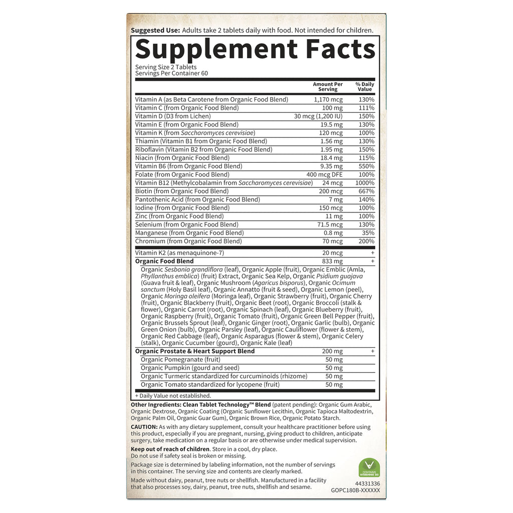 GLF182 | Supplement Facts panel listing vitamins, minerals, organic food blend and other ingredients - Thumbnail
