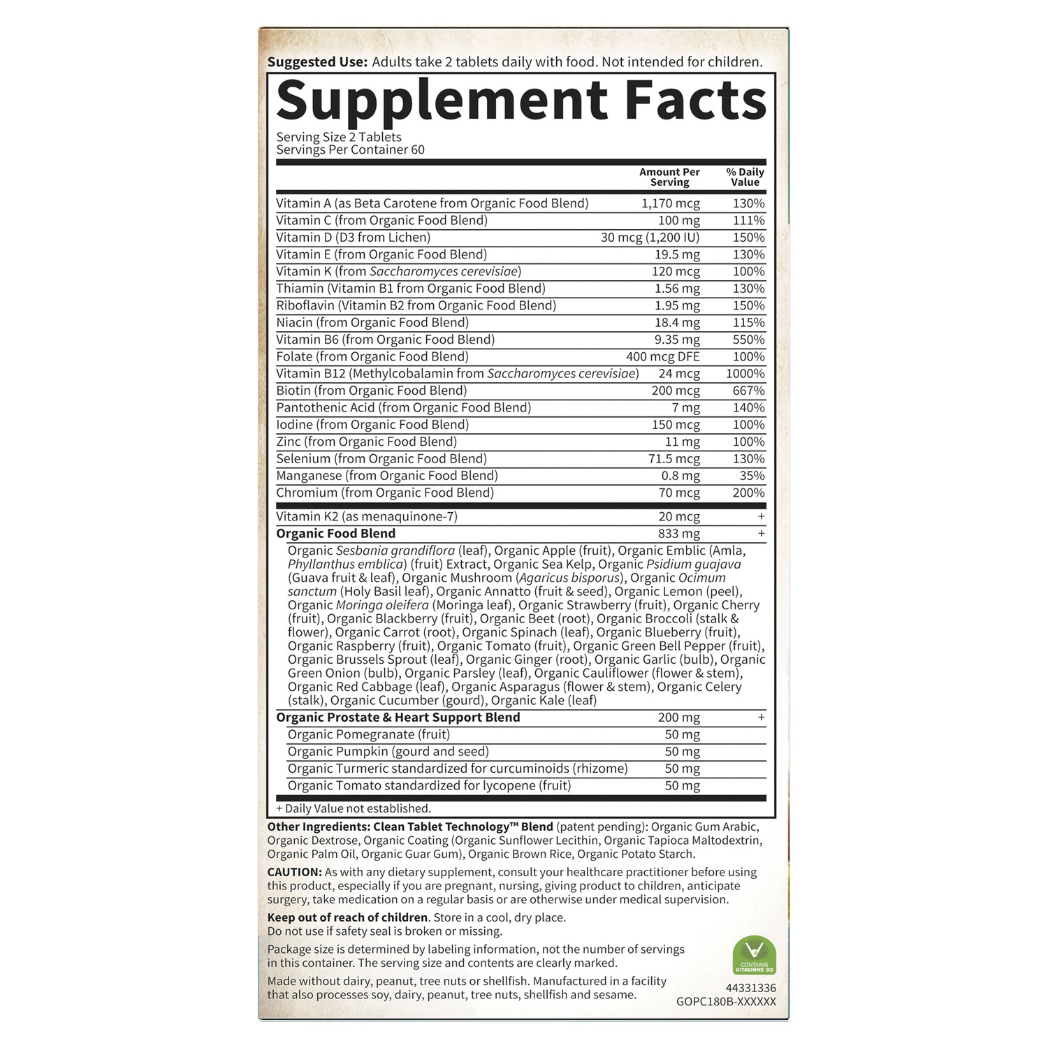 GLF182 | Supplement Facts panel listing vitamins, minerals, organic food blend and other ingredients