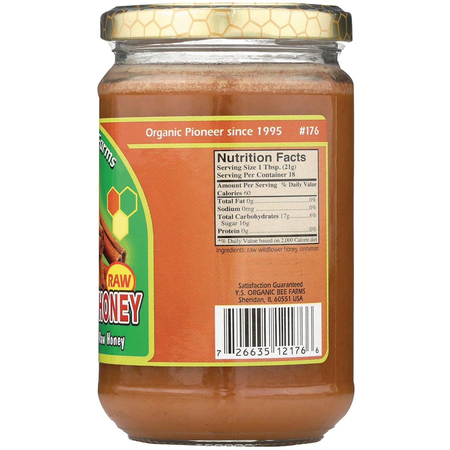 YS023 | Back of honey jar with Nutrition Facts, ingredients, barcode, and 'Organic Pioneer since 1995'