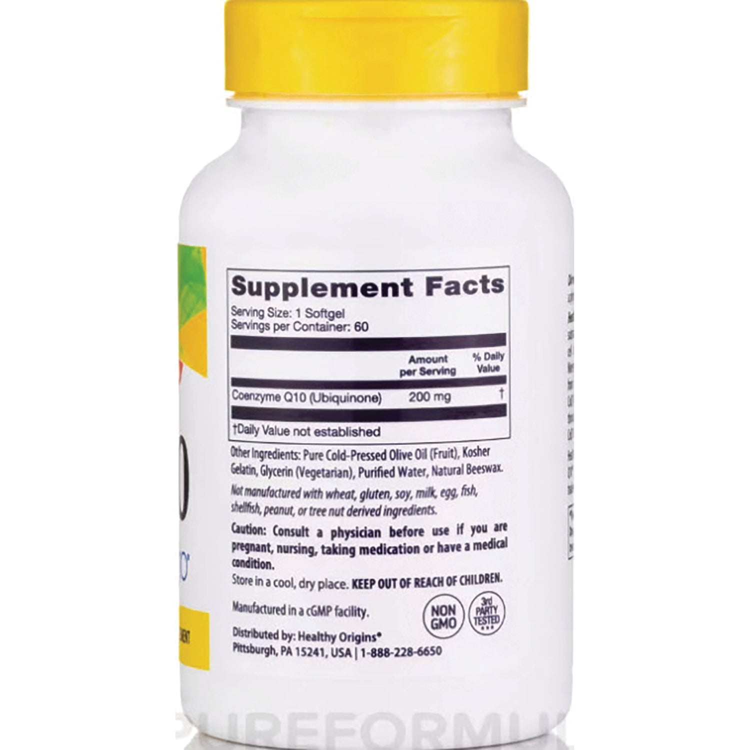 HRG032 | Back of white supplement bottle showing Supplement Facts panel listing Coenzyme Q10 (Ubiquinone) 200 mg and ingredients