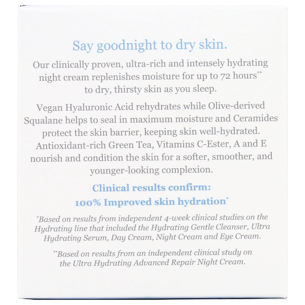 DE036 | Back of night cream box showing ingredients and claims including Say goodnight to dry skin and 100% Improved skin hydration - Thumbnail