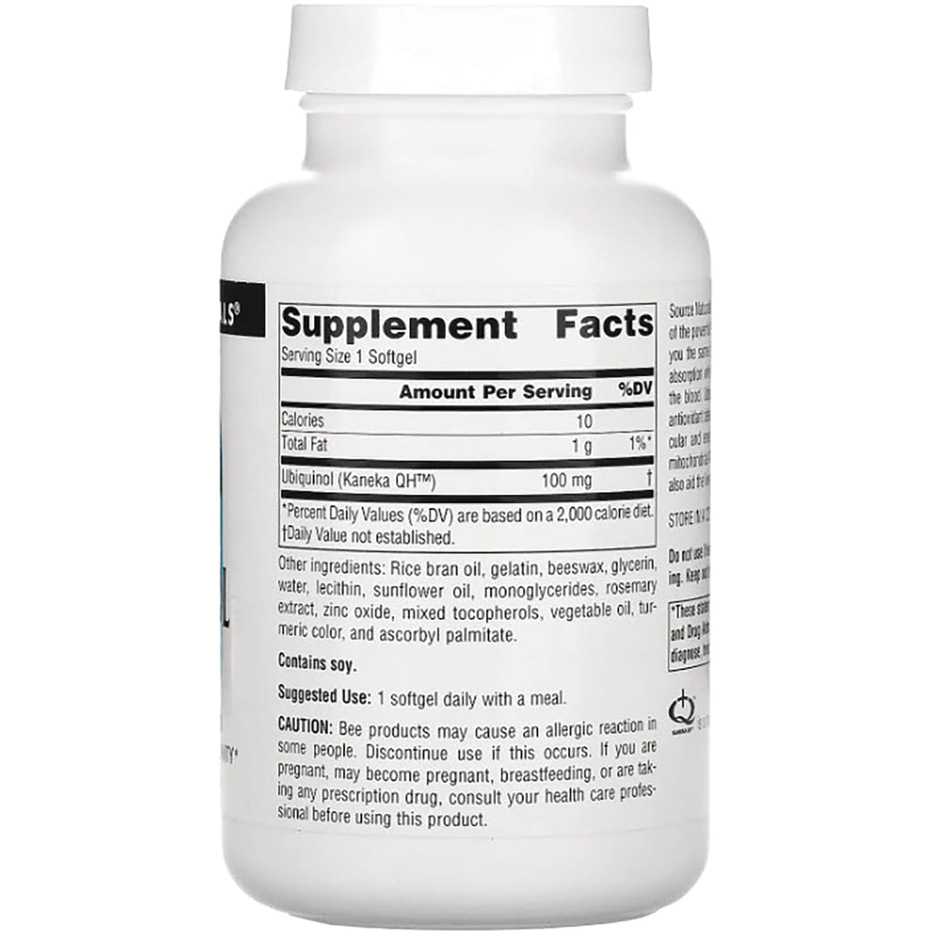 SN449 | Back label with Supplement Facts, serving size 1 softgel, Ubiquinol (Kaneka QH) 100 mg, ingredients and cautions - Thumbnail