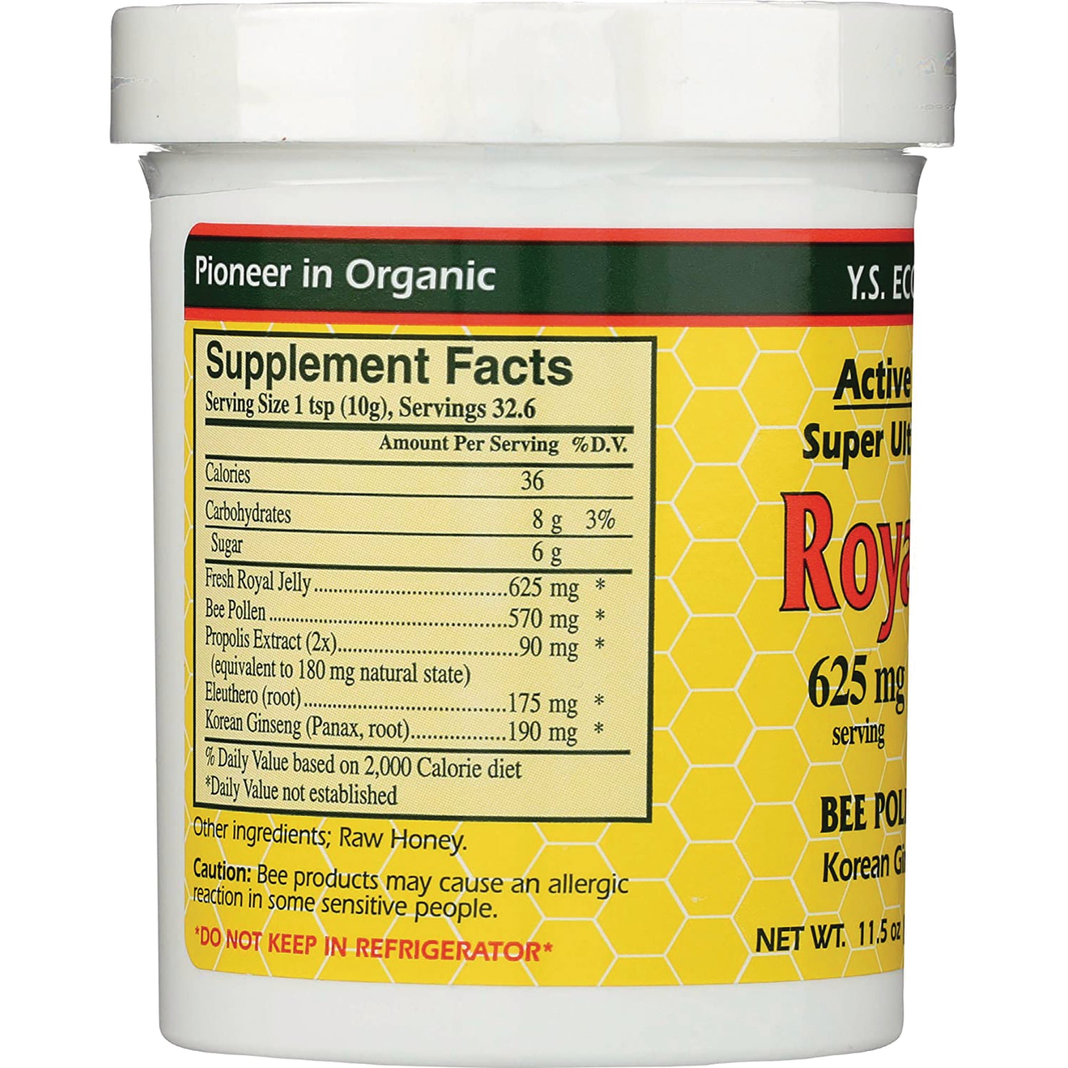 YS025 | Back label with Supplement Facts for royal jelly, bee pollen, propolis; caution and DO NOT KEEP IN REFRIGERATOR