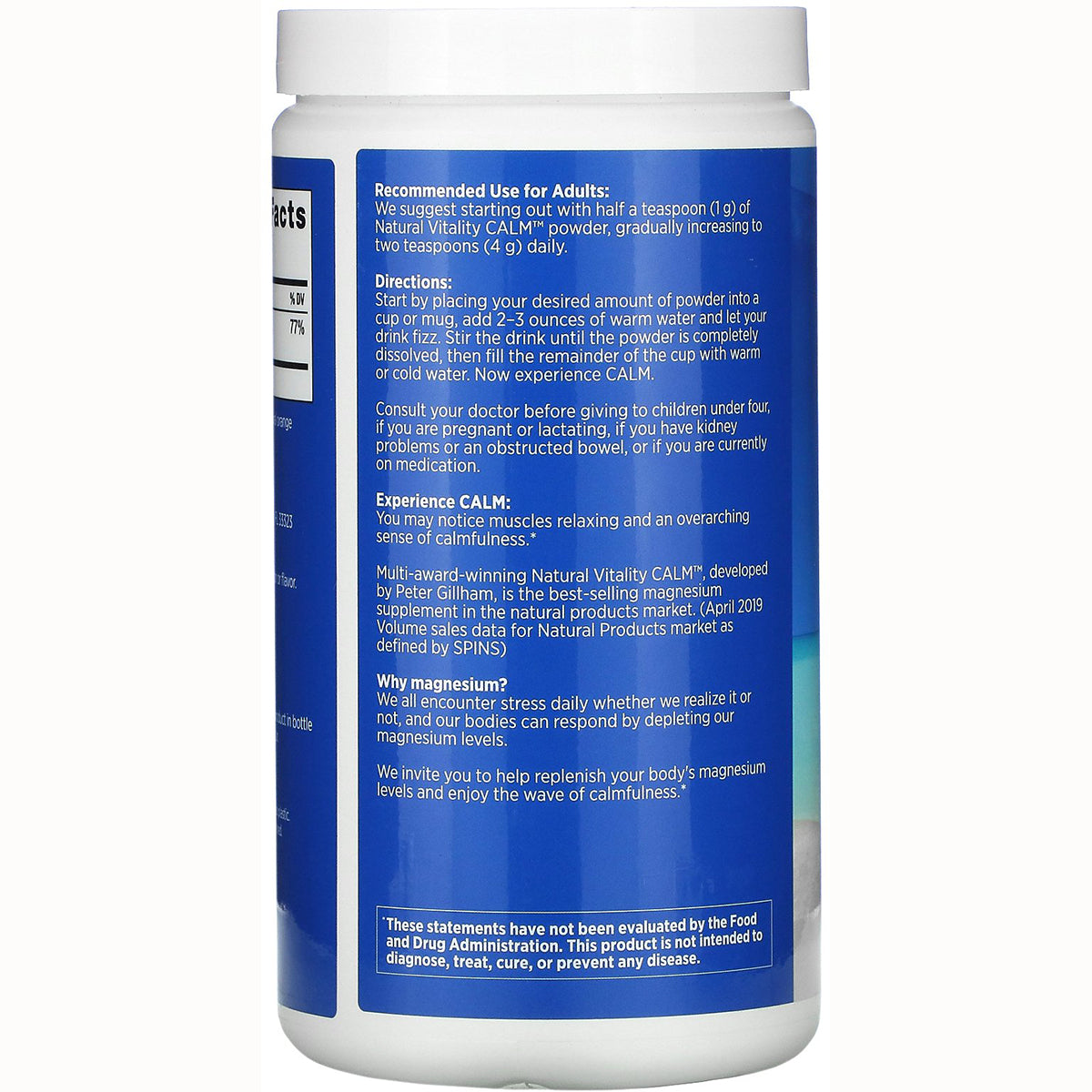 NVT011 | Back label showing directions, warnings, and product information on blue supplement jar