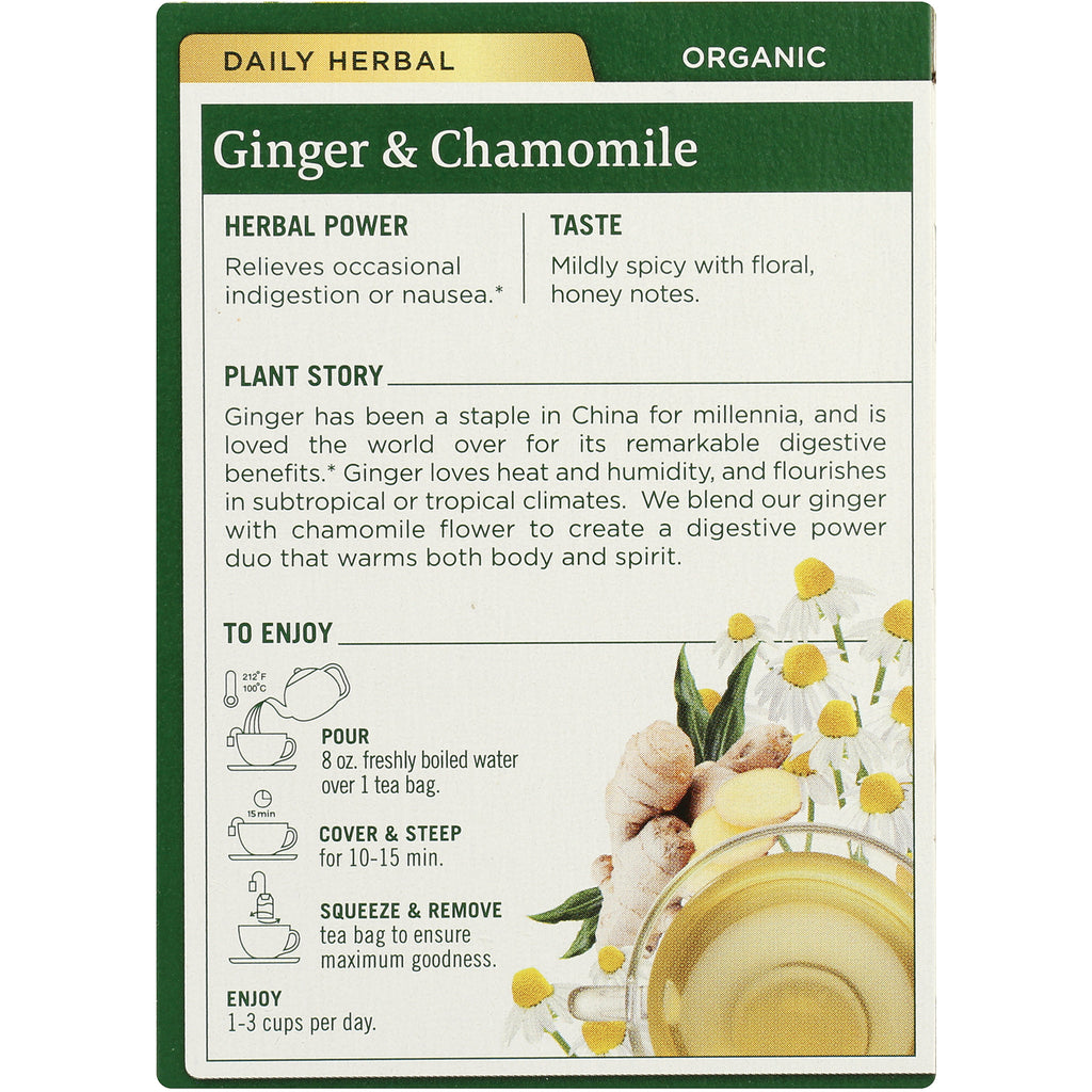 TMD019 | Daily Herbal Organic Ginger & Chamomile back panel with herbal power, taste notes, and brewing directions - Thumbnail