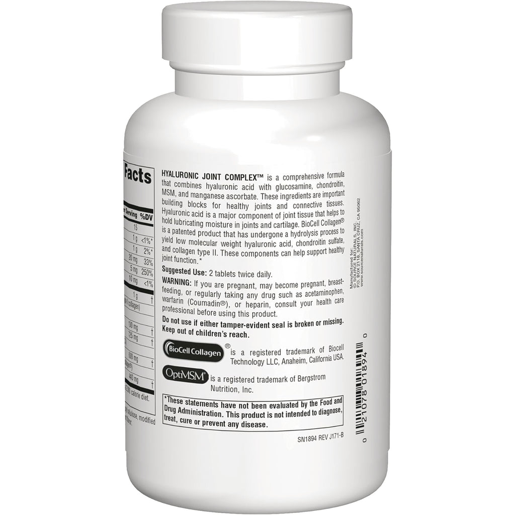 SN205 | Hyaluronic Joint Complex supplement bottle back label with Supplement Facts and suggested use - Thumbnail