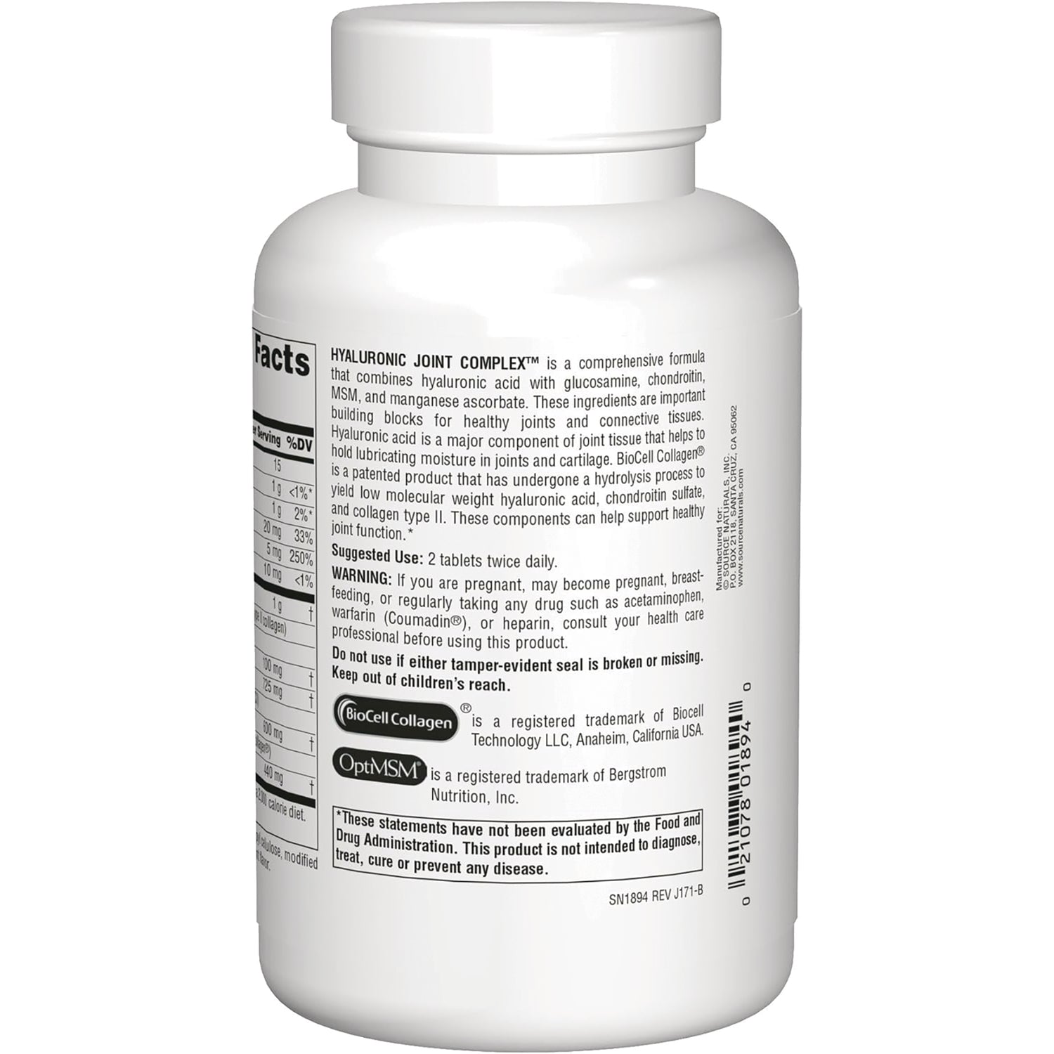 SN205 | Hyaluronic Joint Complex supplement bottle back label with Supplement Facts and suggested use