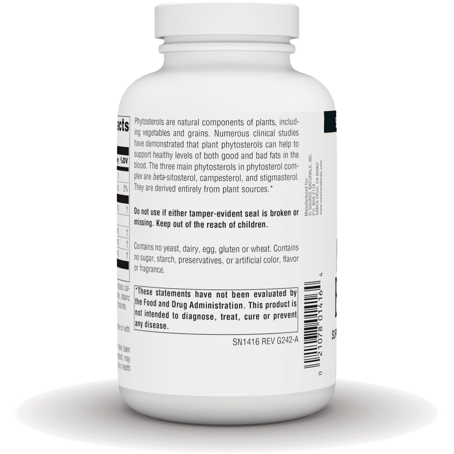 Back label of white supplement bottle showing ingredients, warnings, barcode and FDA disclaimer