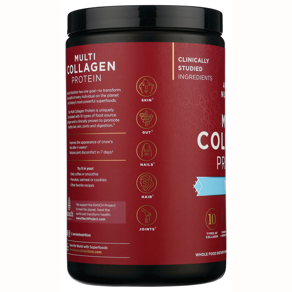Multi Collagen Protein tub label showing product infographic icons for skin, gut, nails, hair, joints and usage suggestions - Thumbnail