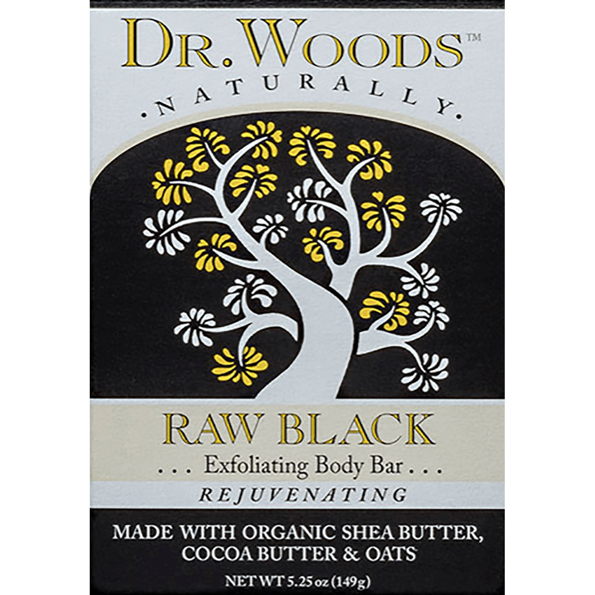 DRW012 | Dr. Woods Raw Black exfoliating body bar front packaging made with organic shea butter, cocoa butter & oats