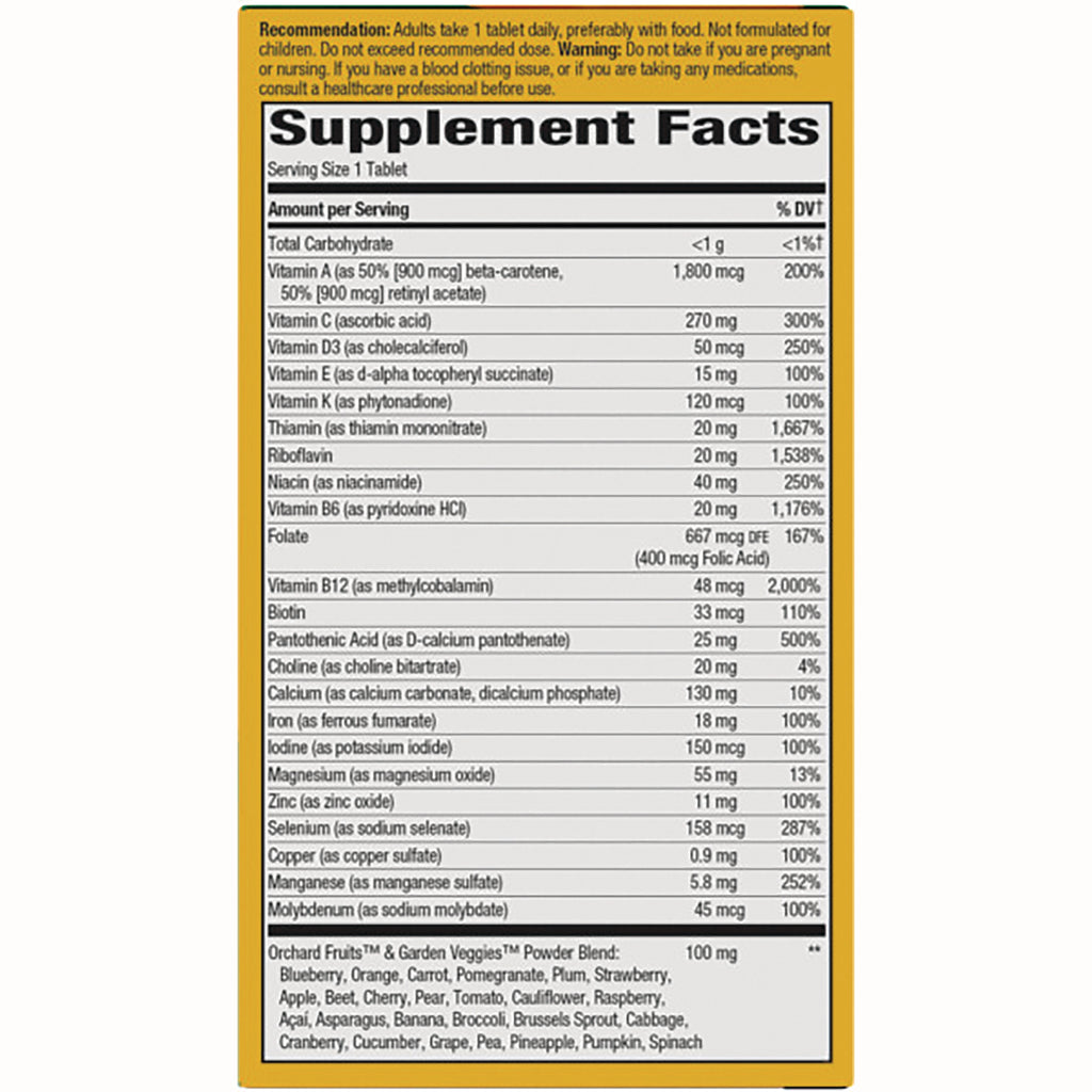 NW712 | Supplement Facts back panel showing serving size 1 tablet and vitamin and mineral amounts - Thumbnail