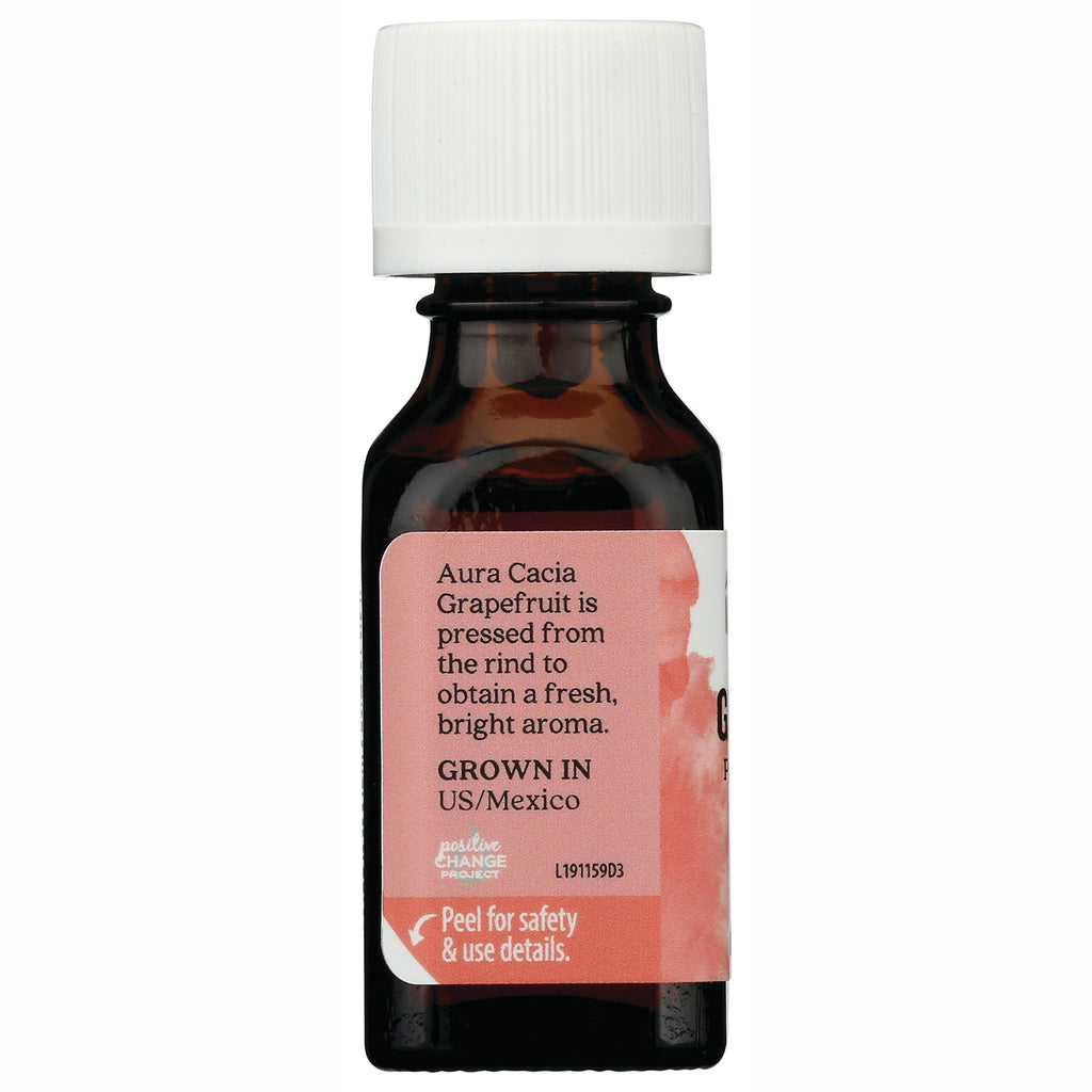 ARC034 | back of brown essential oil bottle showing pink label with Aura Cacia Grapefruit description, GROWN IN US/Mexico, and peel for safety & use details - Thumbnail