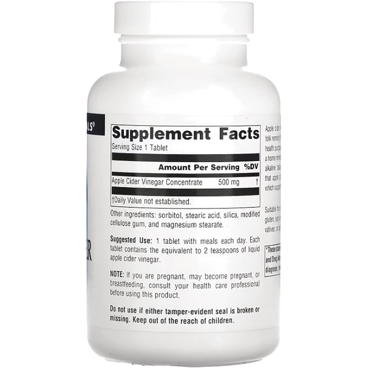 SN503 | Back label with Supplement Facts and other ingredients for apple cider vinegar concentrate tablets