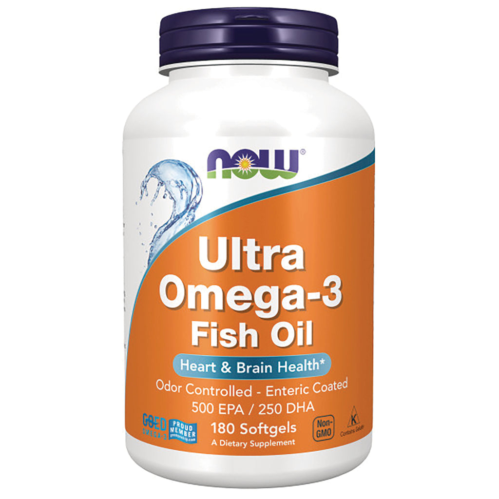 NWF715 | NOW Ultra Omega-3 Fish Oil white bottle with orange label, 180 softgels, 500 EPA/250 DHA, heart & brain health - Thumbnail