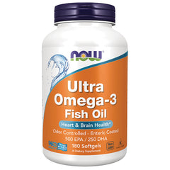 NWF715 | NOW Ultra Omega-3 Fish Oil white bottle with orange label, 180 softgels, 500 EPA/250 DHA, heart & brain health
