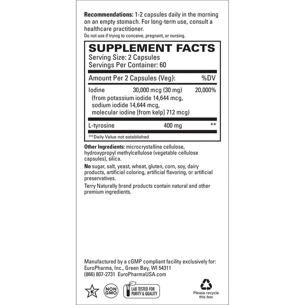 EUR058 | Back label showing Supplement Facts for iodine 30,000 mcg and L-tyrosine 400 mg, serving size 2 capsules, ingredients and warnings - Thumbnail
