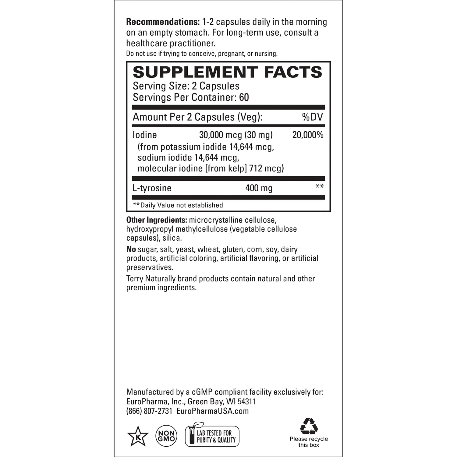 EUR058 | Back label showing Supplement Facts for iodine 30,000 mcg and L-tyrosine 400 mg, serving size 2 capsules, ingredients and warnings