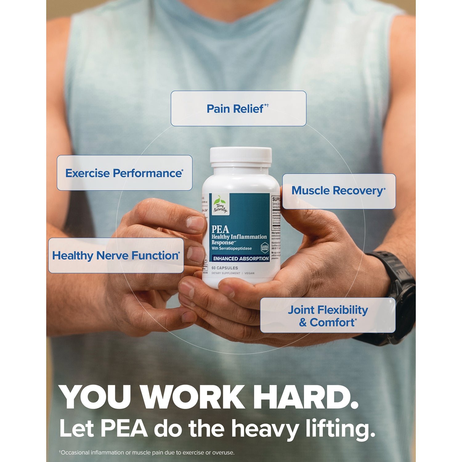 EUR075 | Product infographic with text YOU WORK HARD Let PEA do the heavy lifting, featuring a man holding a supplement bottle of PEA surrounded by callouts for the product