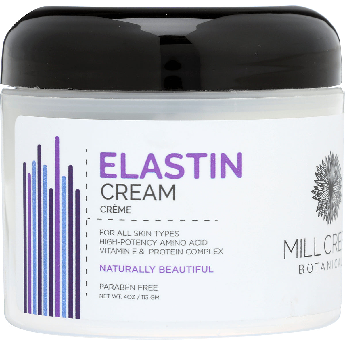 MCB010 | Jar of Elastin Cream with black lid and white label reading ELASTIN CREAM and NATURALLY BEAUTIFUL