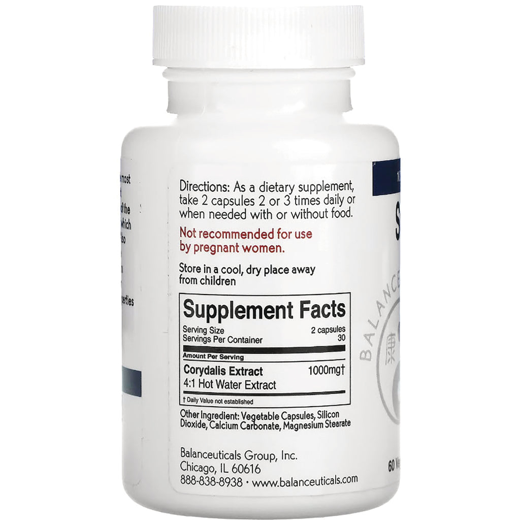 BAL013 | Back of white supplement bottle showing supplement facts panel and directions, Corydalis Extract 1000mg - Thumbnail