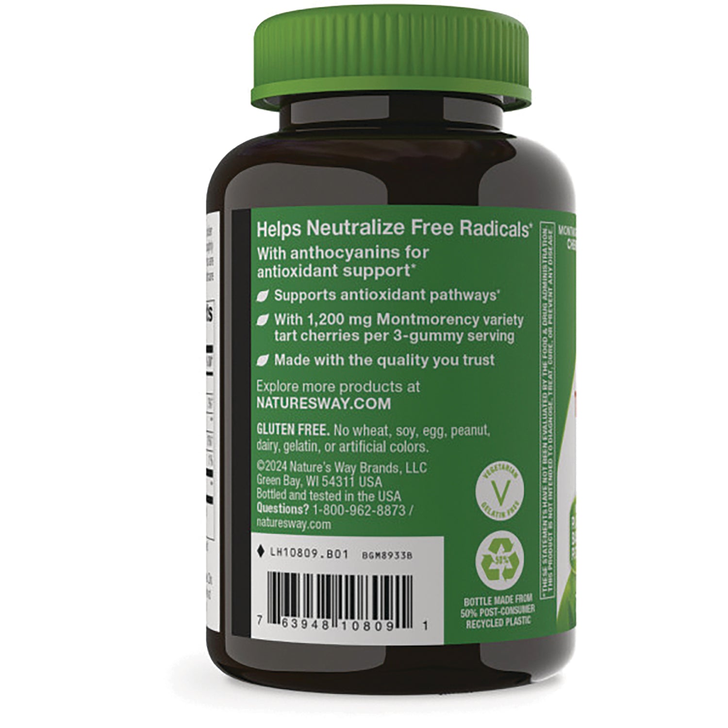 NW1052 | Back label of green supplement bottle showing benefits, gluten free claim, and barcode