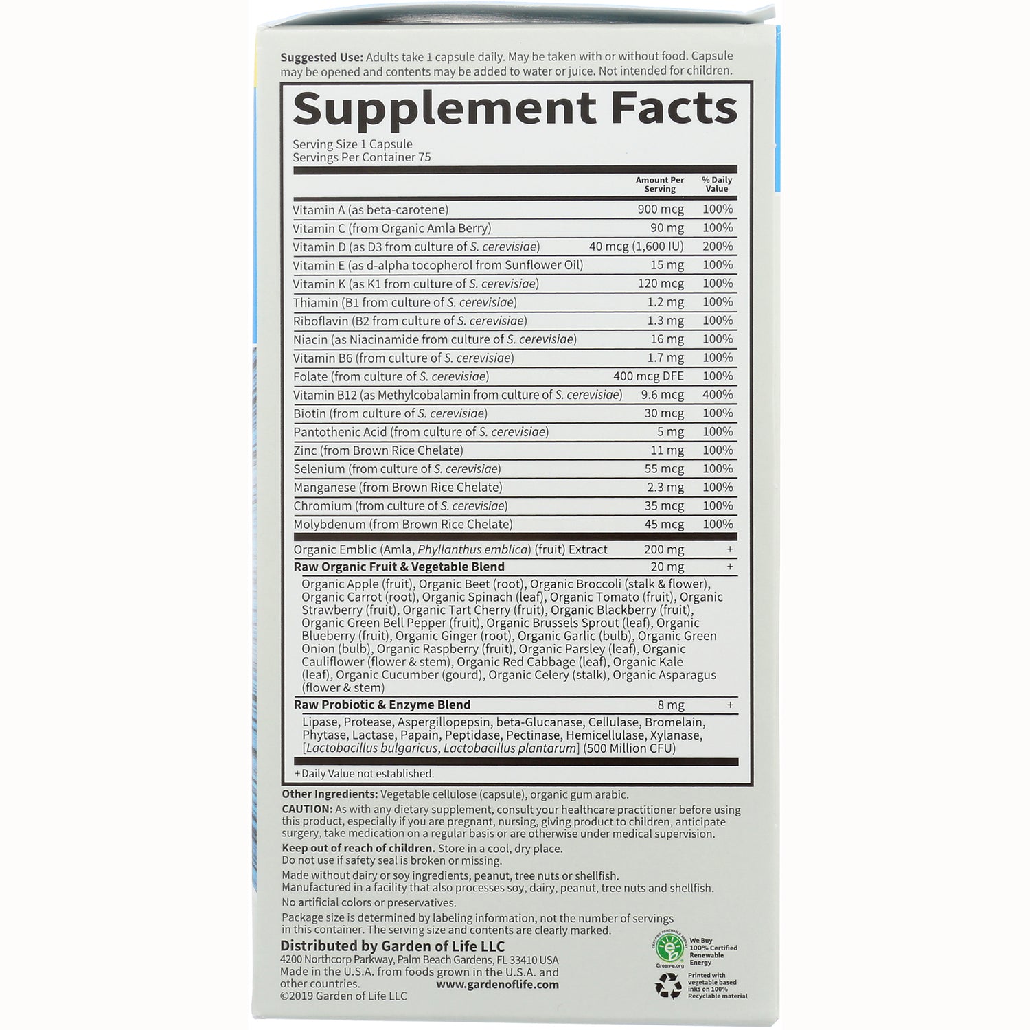 GLF051 | supplement facts panel showing serving size, vitamin and mineral amounts, raw blends and caution text