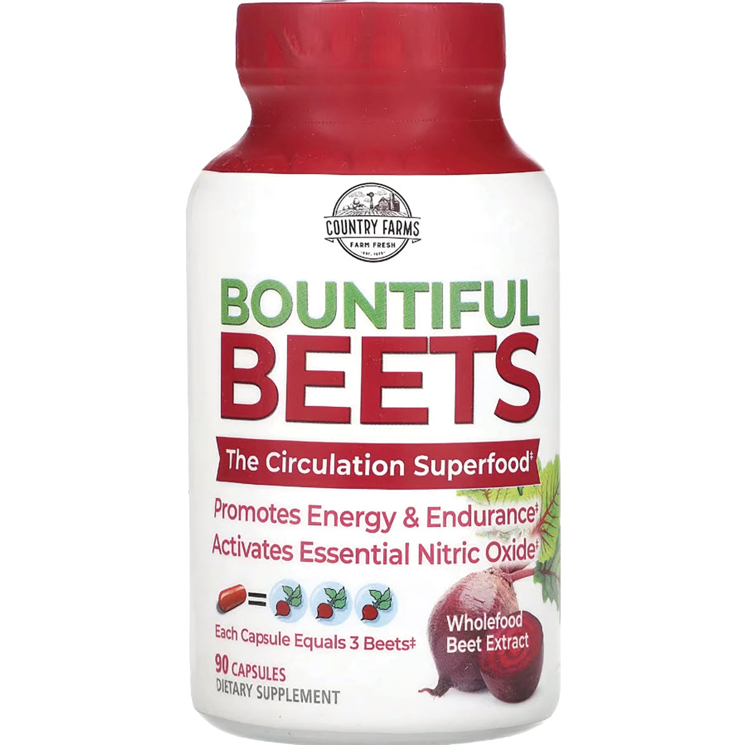CFR018 | Bountiful Beets supplement bottle with red cap, label Promotes Energy & Endurance, 90 capsules