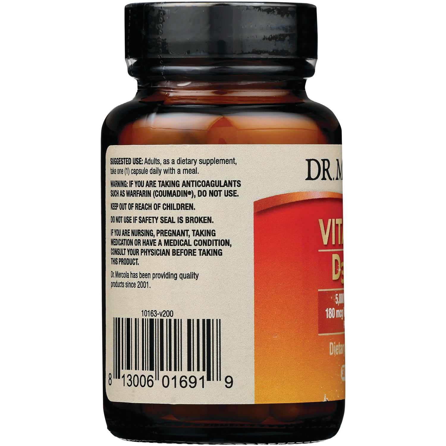 MRC085 | back label of amber supplement bottle showing warnings, barcode, and partial front label