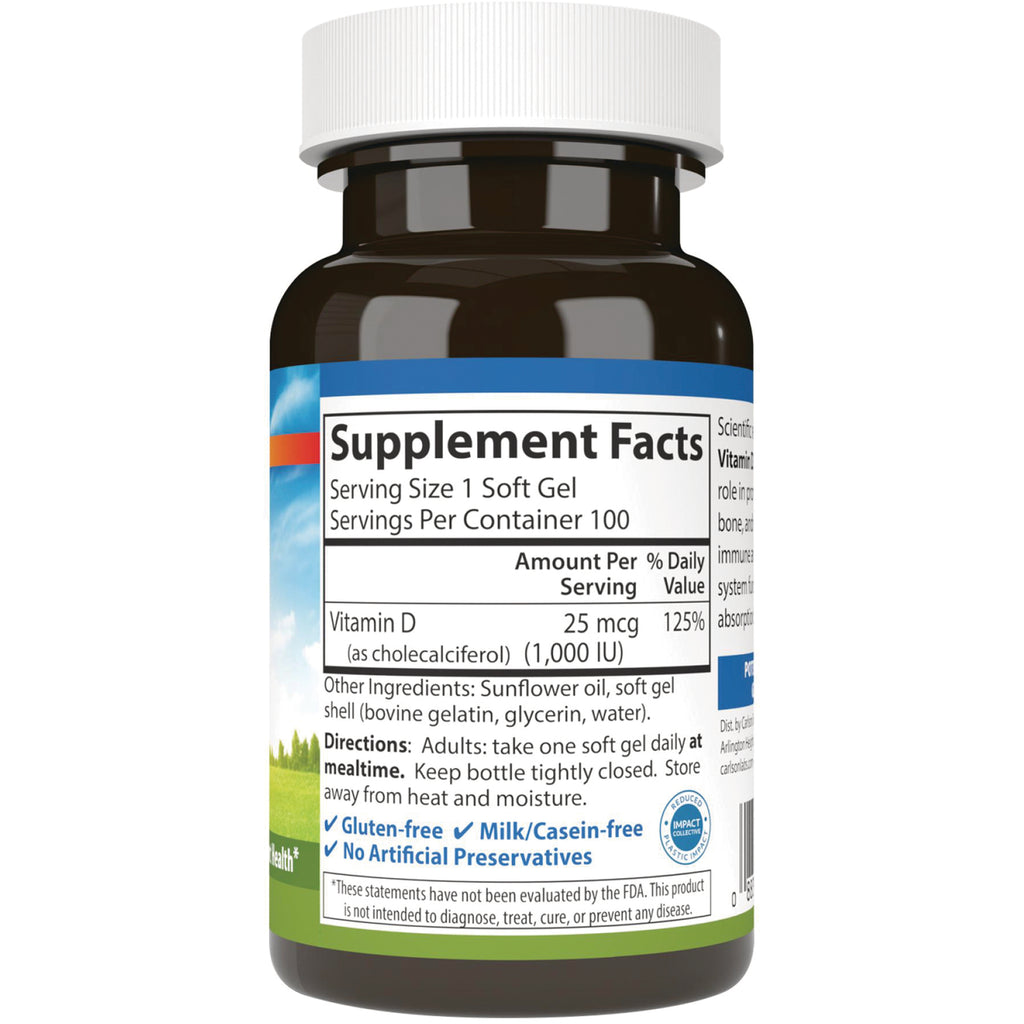 CSN024 | back label showing Supplement Facts with Vitamin D 25 mcg (1,000 IU), servings per container 100 and other ingredients - Thumbnail
