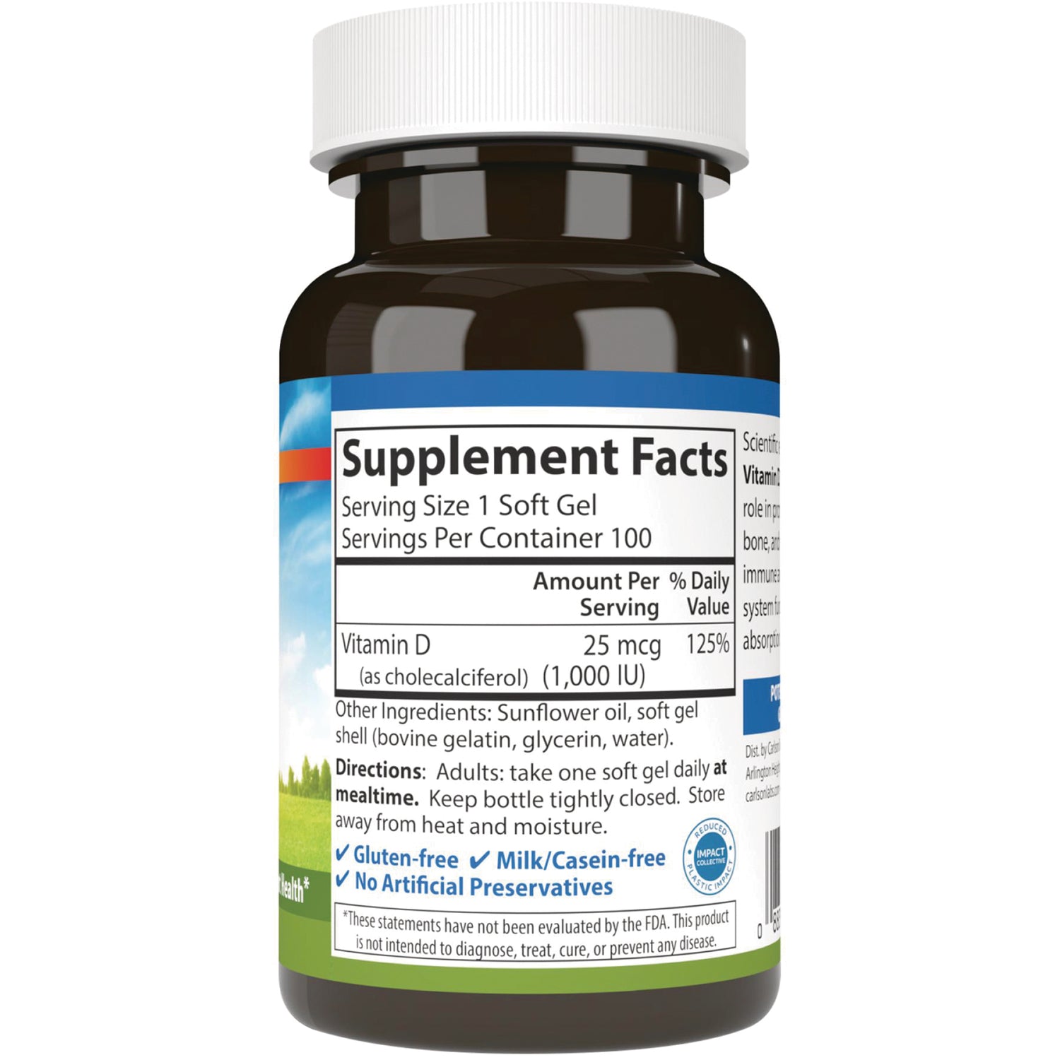 CSN024 | back label showing Supplement Facts with Vitamin D 25 mcg (1,000 IU), servings per container 100 and other ingredients
