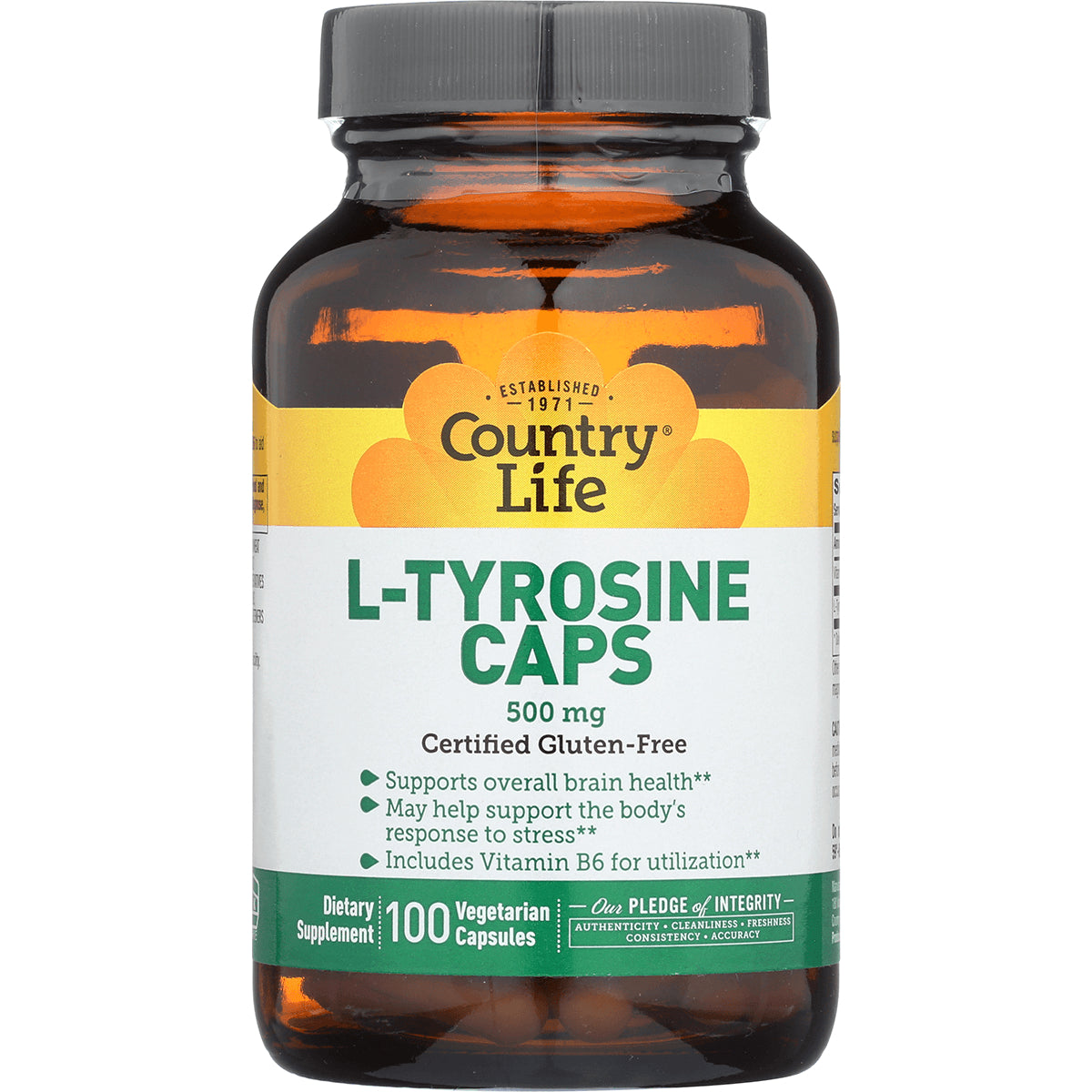 CRL301 | Country Life L-Tyrosine Caps 500 mg amber bottle front label, 100 vegetarian capsules