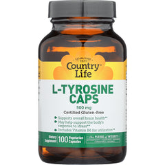 CRL301 | Country Life L-Tyrosine Caps 500 mg amber bottle front label, 100 vegetarian capsules