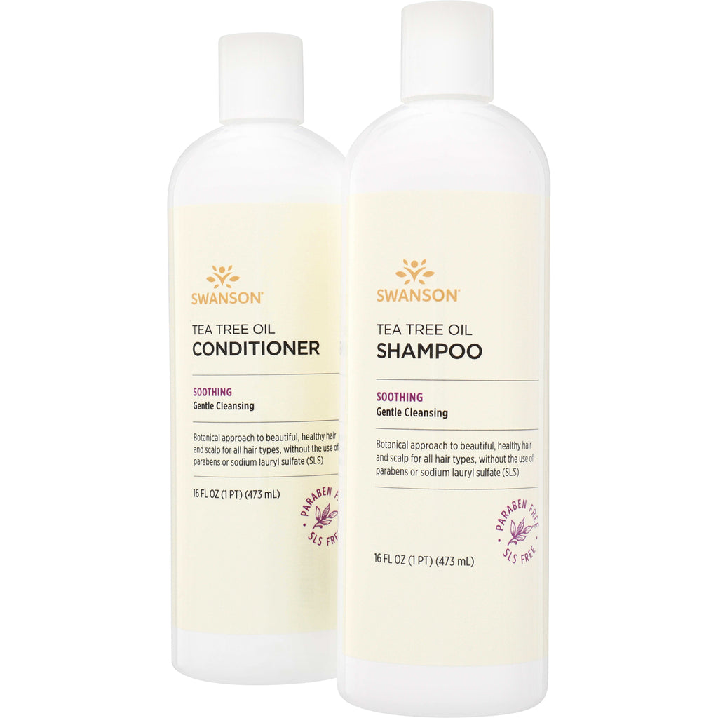 Two Swanson Tea Tree Oil bottles side-by-side showing shampoo and conditioner with cream labels and white caps, 16 fl oz - Thumbnail