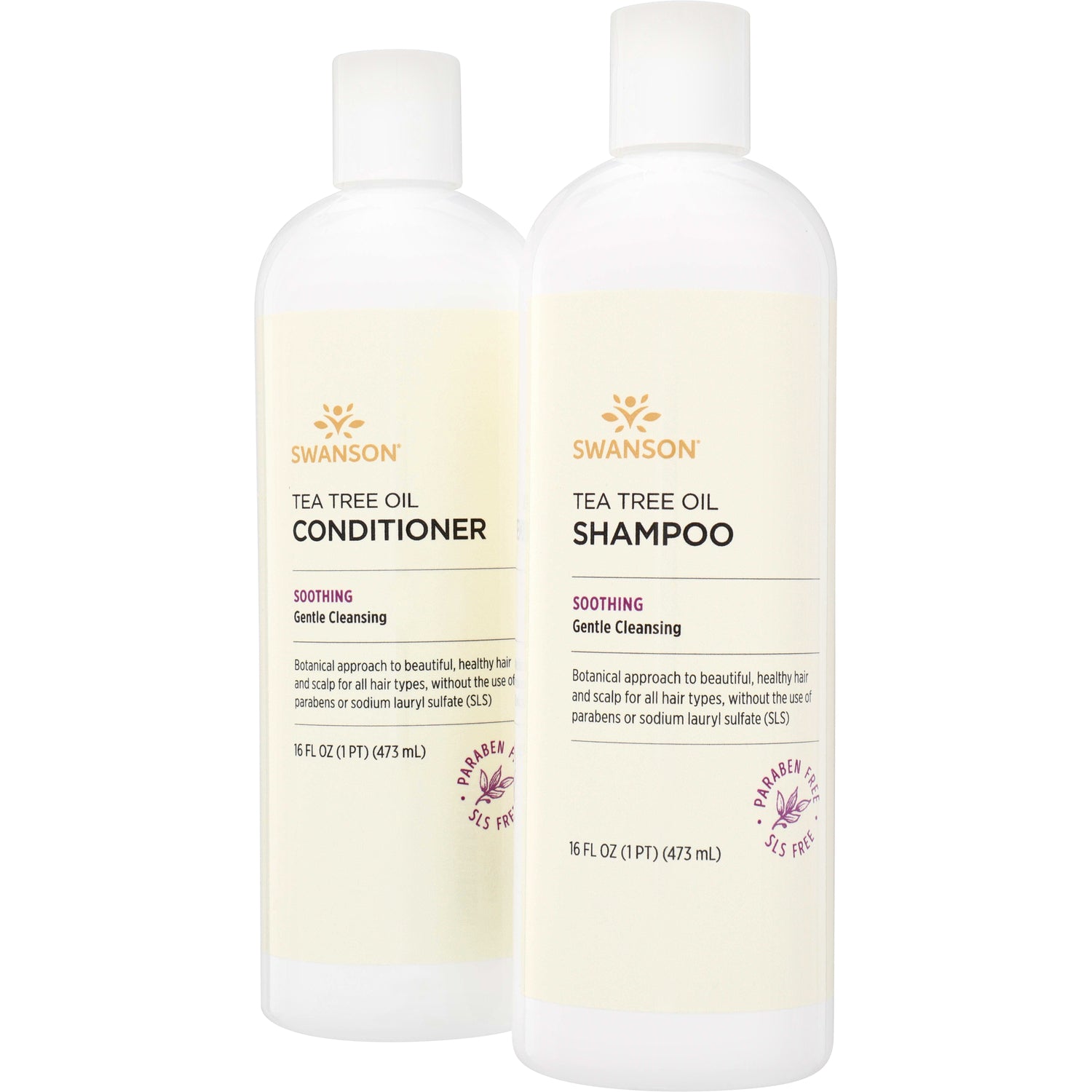 Two Swanson Tea Tree Oil bottles side-by-side showing shampoo and conditioner with cream labels and white caps, 16 fl oz