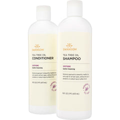 Two Swanson Tea Tree Oil bottles side-by-side showing shampoo and conditioner with cream labels and white caps, 16 fl oz