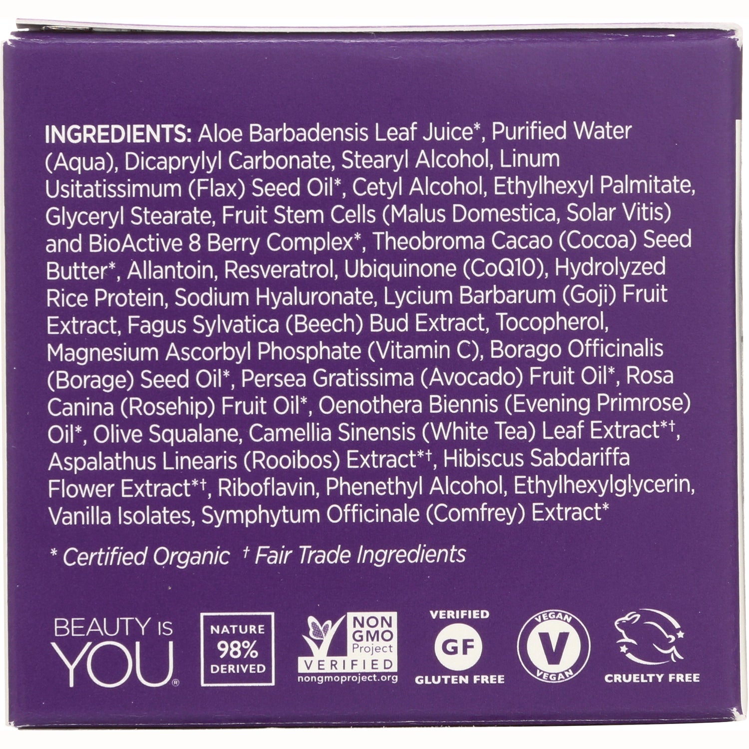 ADN009 | Back panel ingredients list with Beauty Is You, Non-GMO Project Verified, GF, Vegan, Cruelty Free icons