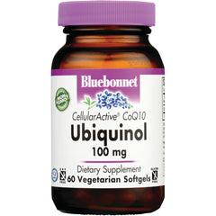 BLU063 | Bluebonnet Ubiquinol 100 mg dietary supplement bottle, 60 vegetarian softgels, amber bottle with purple cap