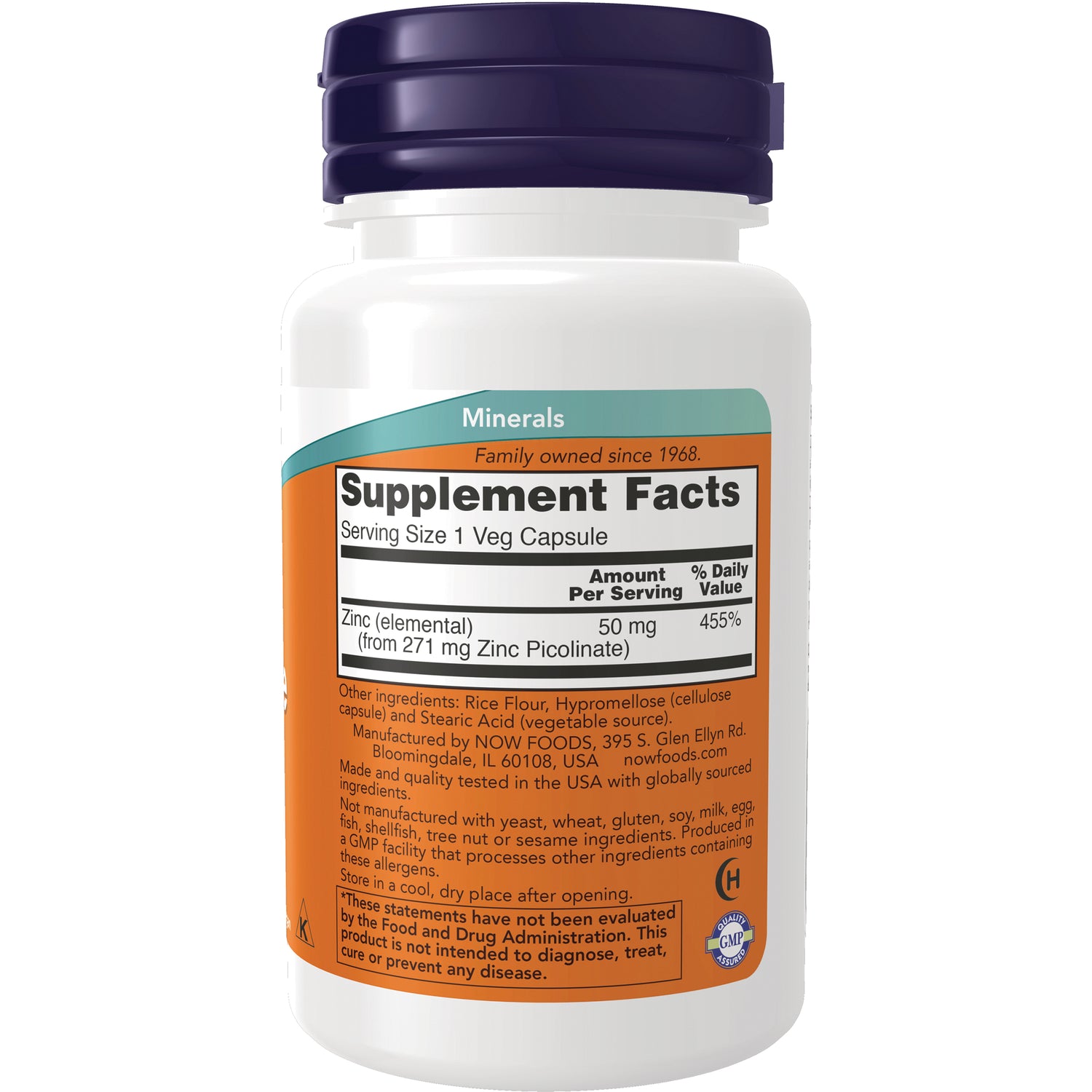 NWF1182 | Back of white supplement bottle showing Supplement Facts label listing zinc 50 mg and ingredient text