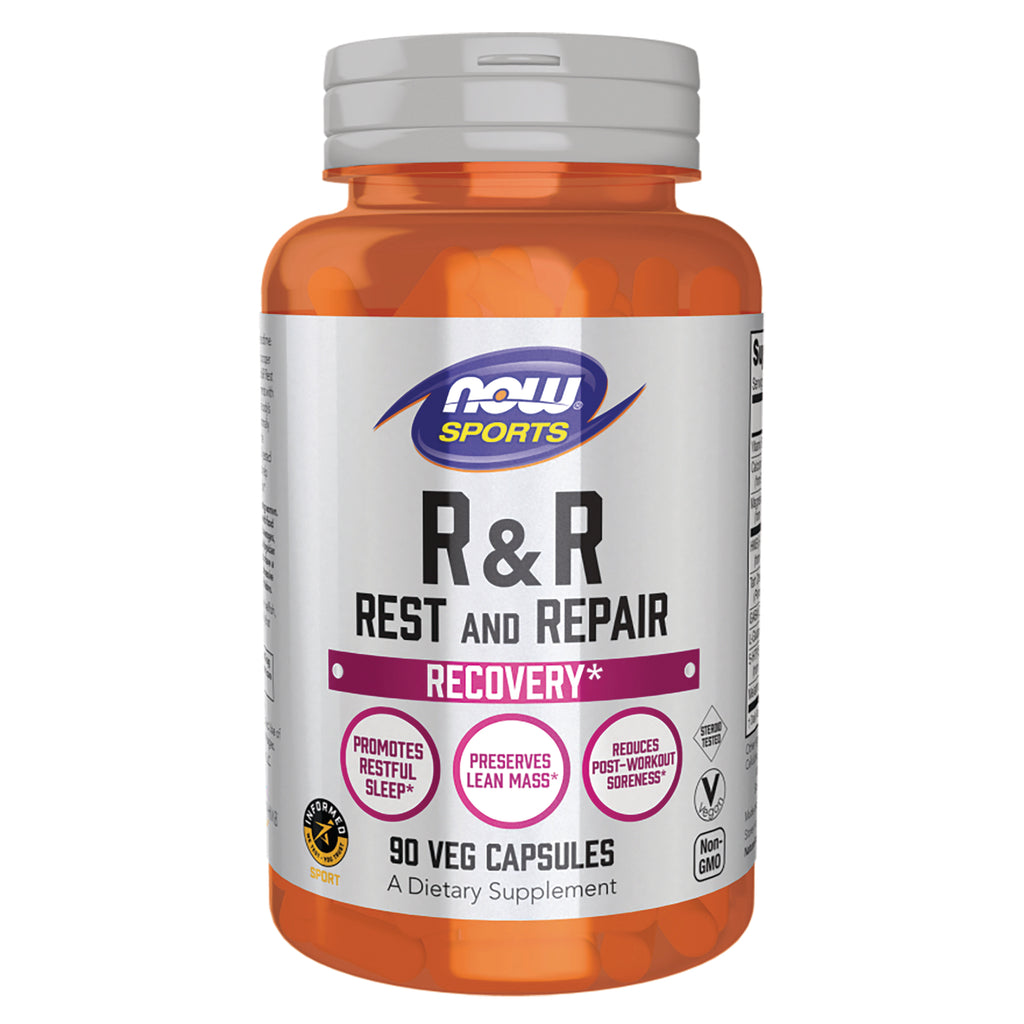 NWF1388 | Orange supplement bottle labeled NOW Sports R&R Rest and Repair Recovery 90 veg capsules - Thumbnail