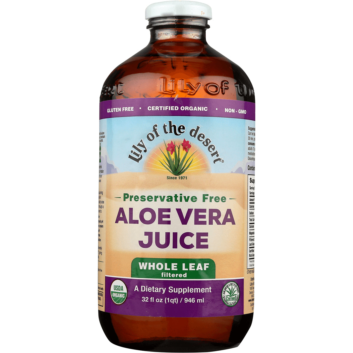 LIL001 | Front view of Lily of the Desert preservative free Aloe Vera Juice whole leaf 32 fl oz bottle