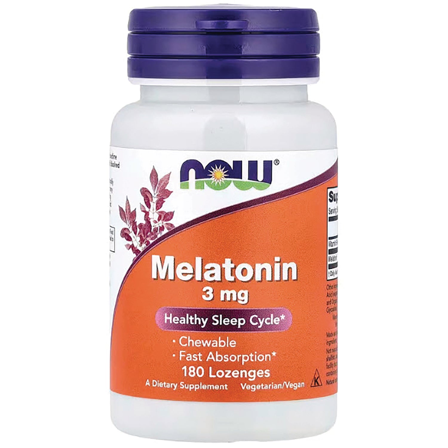 NWF557 | NOW Melatonin 3 mg bottle with orange label, 180 chewable lozenges, Healthy Sleep Cycle